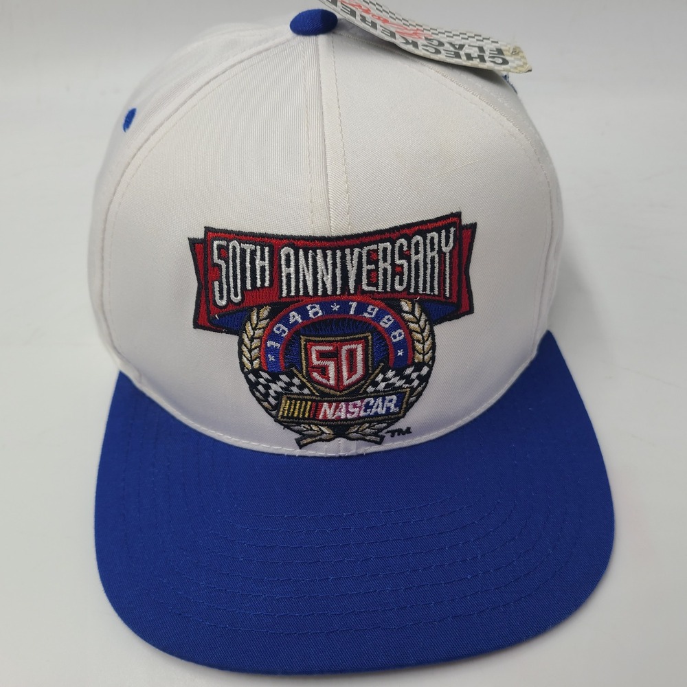 Vintage NASCAR Hat Snapback Checkered‎ Flag Sports White Blue 50th Anniversary